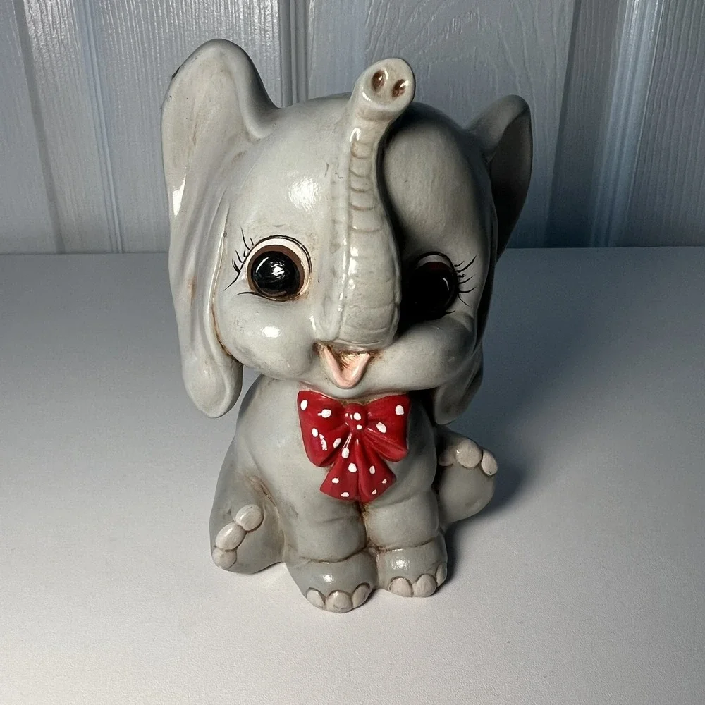 Baby‎ Elephant Piggy Bank Red Polka Dot Bow-Millis-Vintage